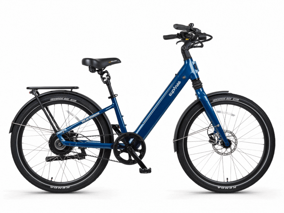 Animated GIF showing Solar Sparrow step-through electric bike in Ultra Violet, Americano, Ivy, Riviera Blue, and Canyon Flame