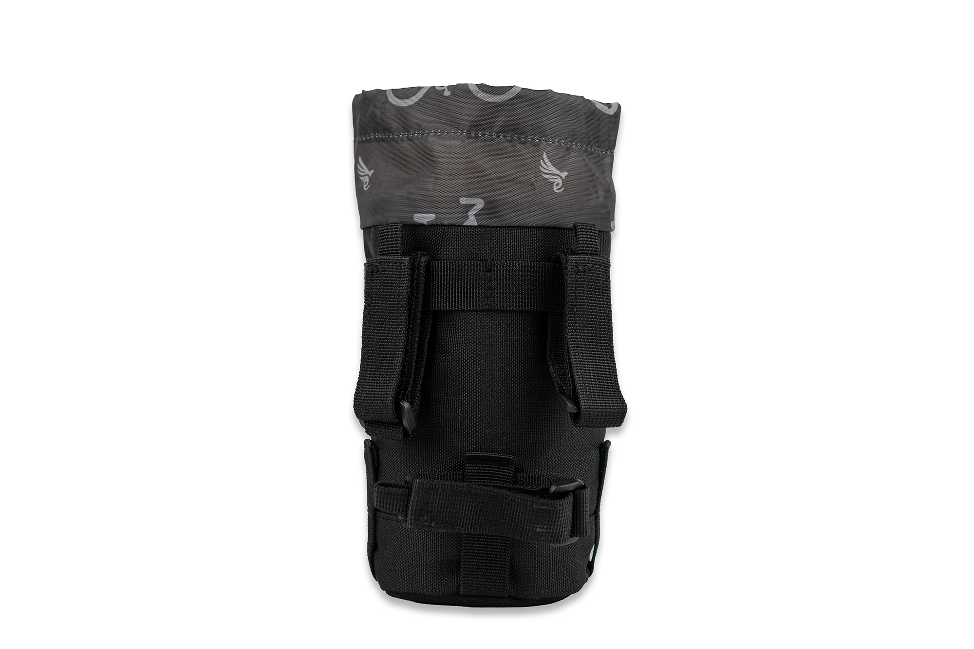 Back view of the black Euphree Stem Bag with dark gray liner, highlighting the 3-point attachment system and water-resistant features.