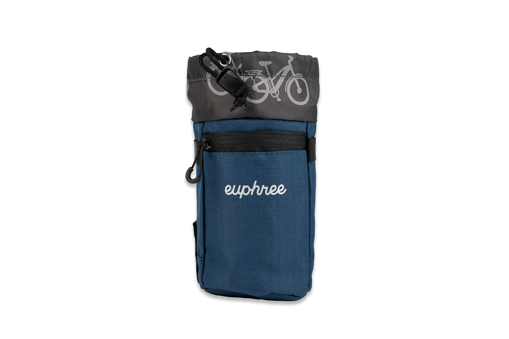 Front view of the blue Euphree Stem Bag with dark gray liner, showcasing a water-resistant zippered pocket and sleek design.