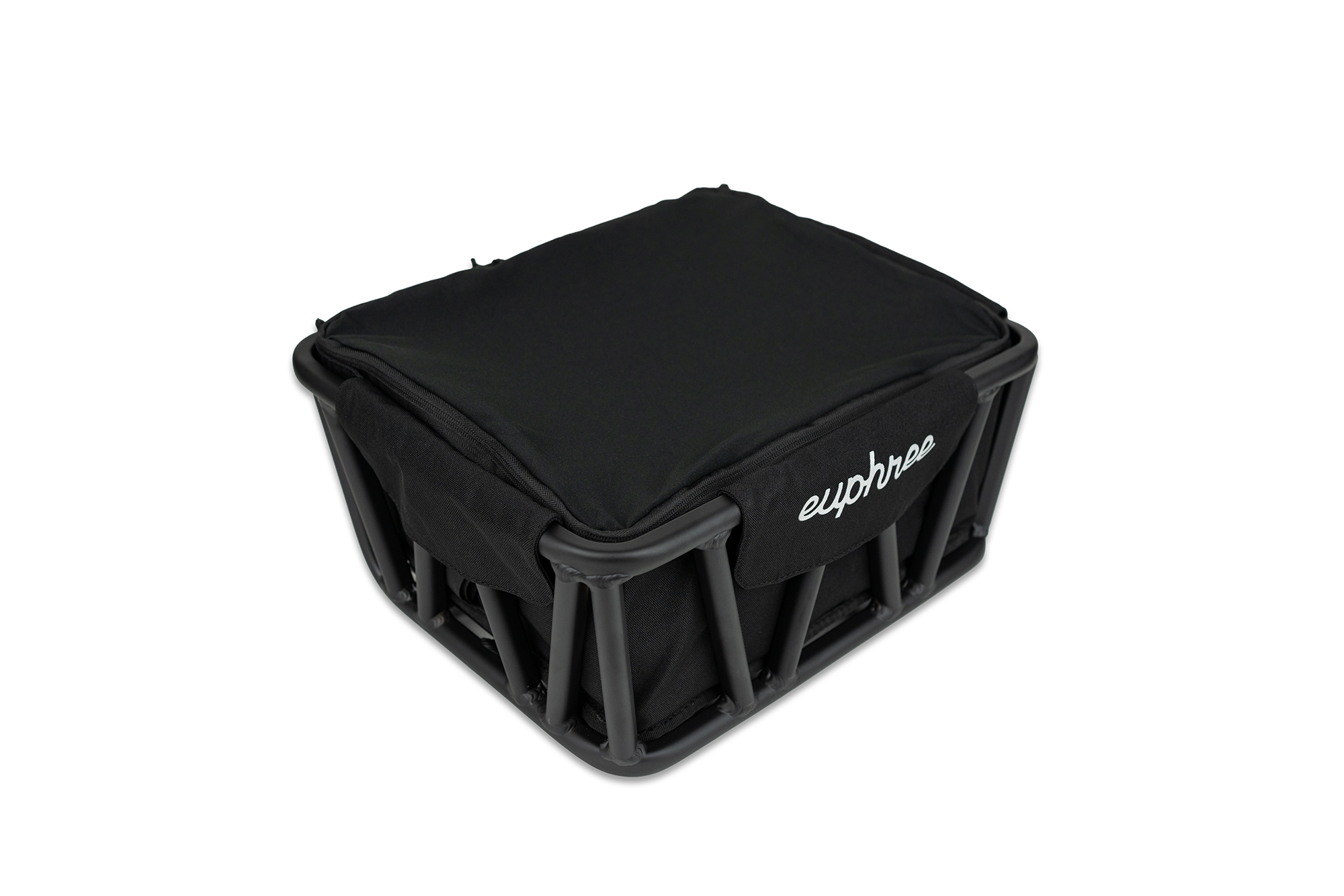 Top angle of Euphree front basket liner fully zipped, showing secure closure for protecting contents during rides.