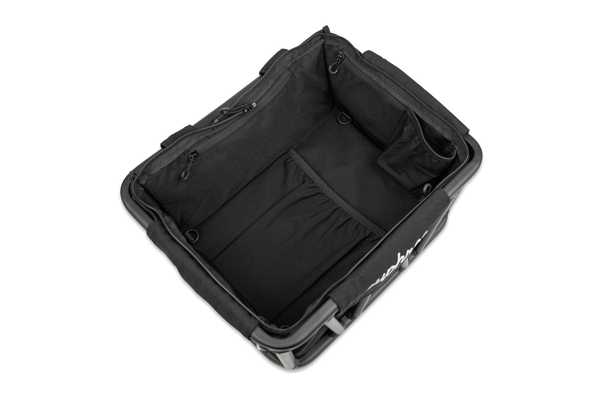 Top view of Euphree front basket liner with compartments for valuables, water bottles, phones, and keys, designed for easy organization.