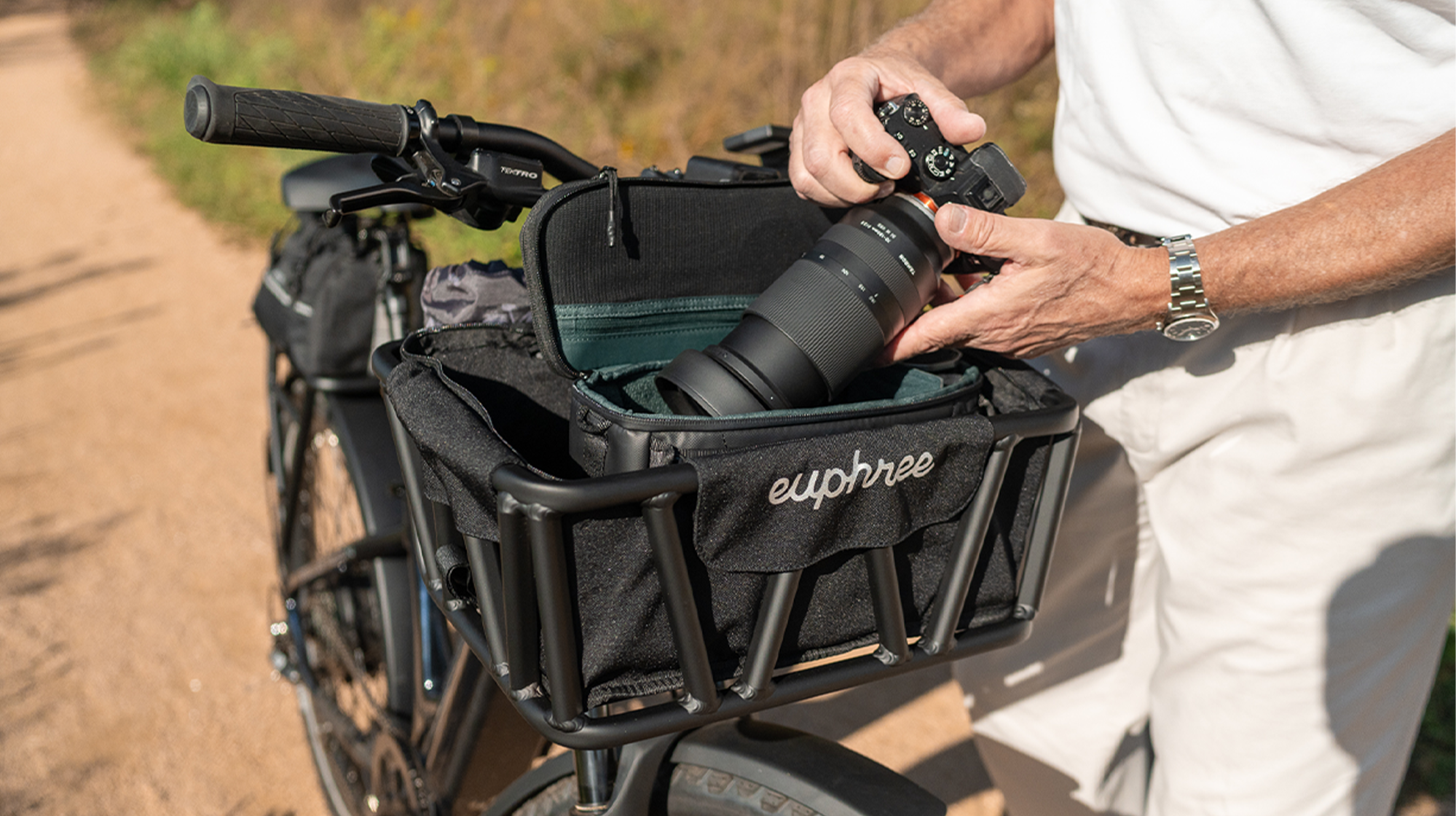 Close-up of Euphree Front Basket and new front bike liner, designed for easy storage on rides, with free shipping on orders above $100.