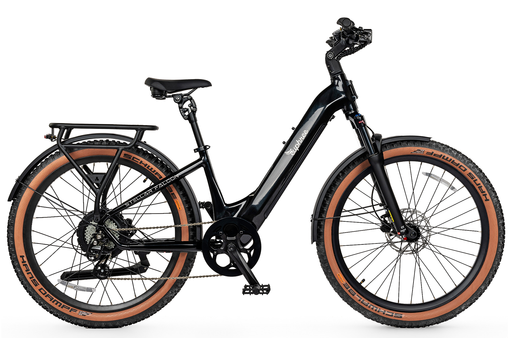 Hans Dampf 27.5x2.60 tire mounted on Stellar Falcon ebike, highlighting its all-terrain capabilities.