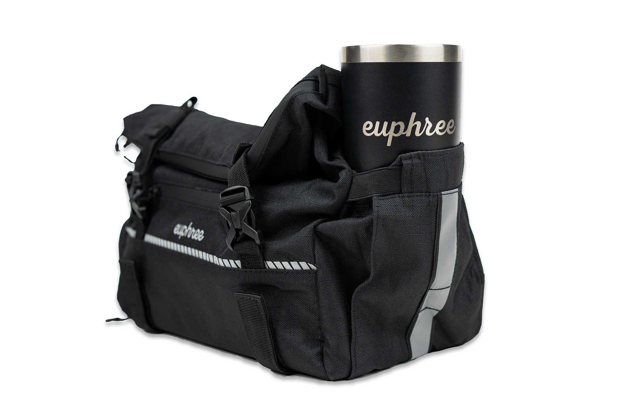 Euphree Trunk Bag with a Yeti coffee bottle inside, showcasing the bag’s spacious compartment and durable design, perfect for storing essentials during your ride