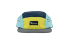 Front view of the Euphree Velocity 5-Panel Nylon Cap in yellow, dark blue, and light blue, featuring the Euphree logo. Designed for optimal comfort and breathable protection during rides.