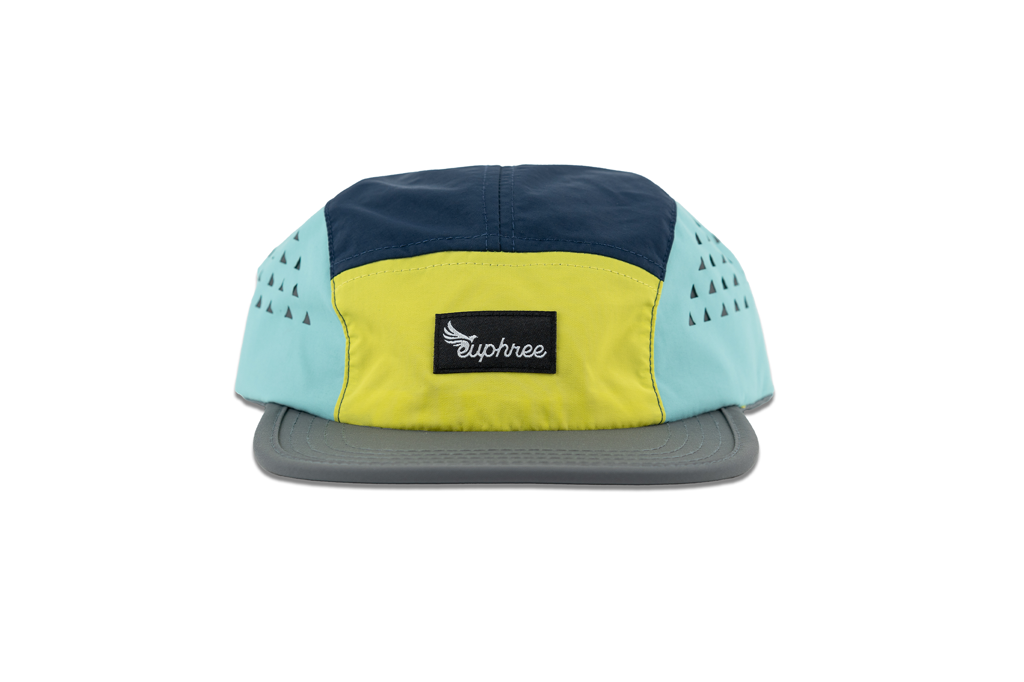 Front view of the Euphree Velocity 5-Panel Nylon Cap in yellow, dark blue, and light blue, featuring the Euphree logo. Designed for optimal comfort and breathable protection during rides.