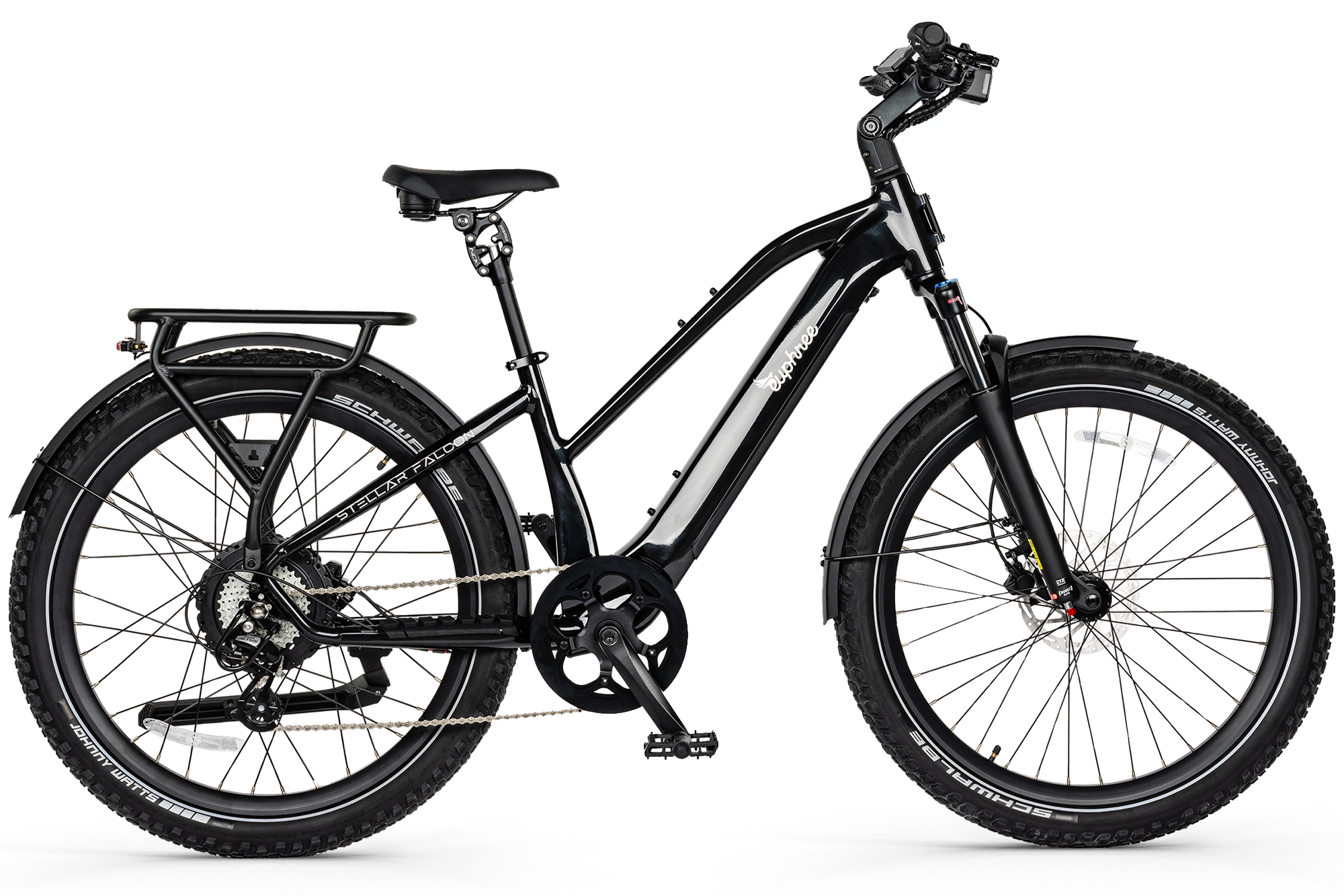 Stellar Falcon Mid-Step in Eclipse Black, featuring a powerful 750W motor, air suspension, and durable components for off-road adventures.