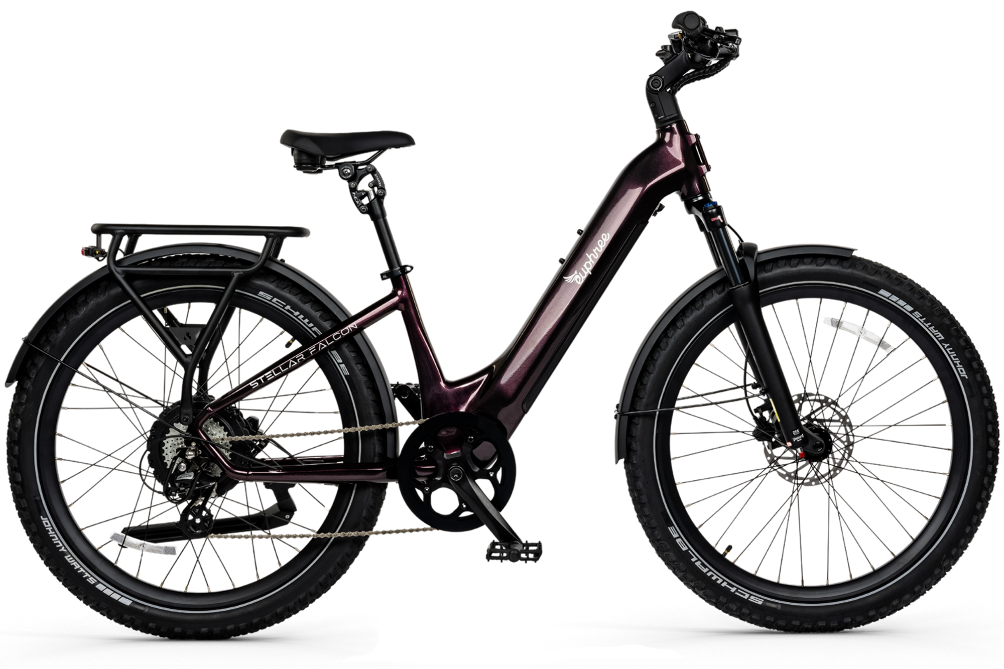 Stellar Falcon Step-Thru in Black Cherry, featuring a step-through frame for easy access, 750W motor, and air suspension for smooth, comfortable rides.