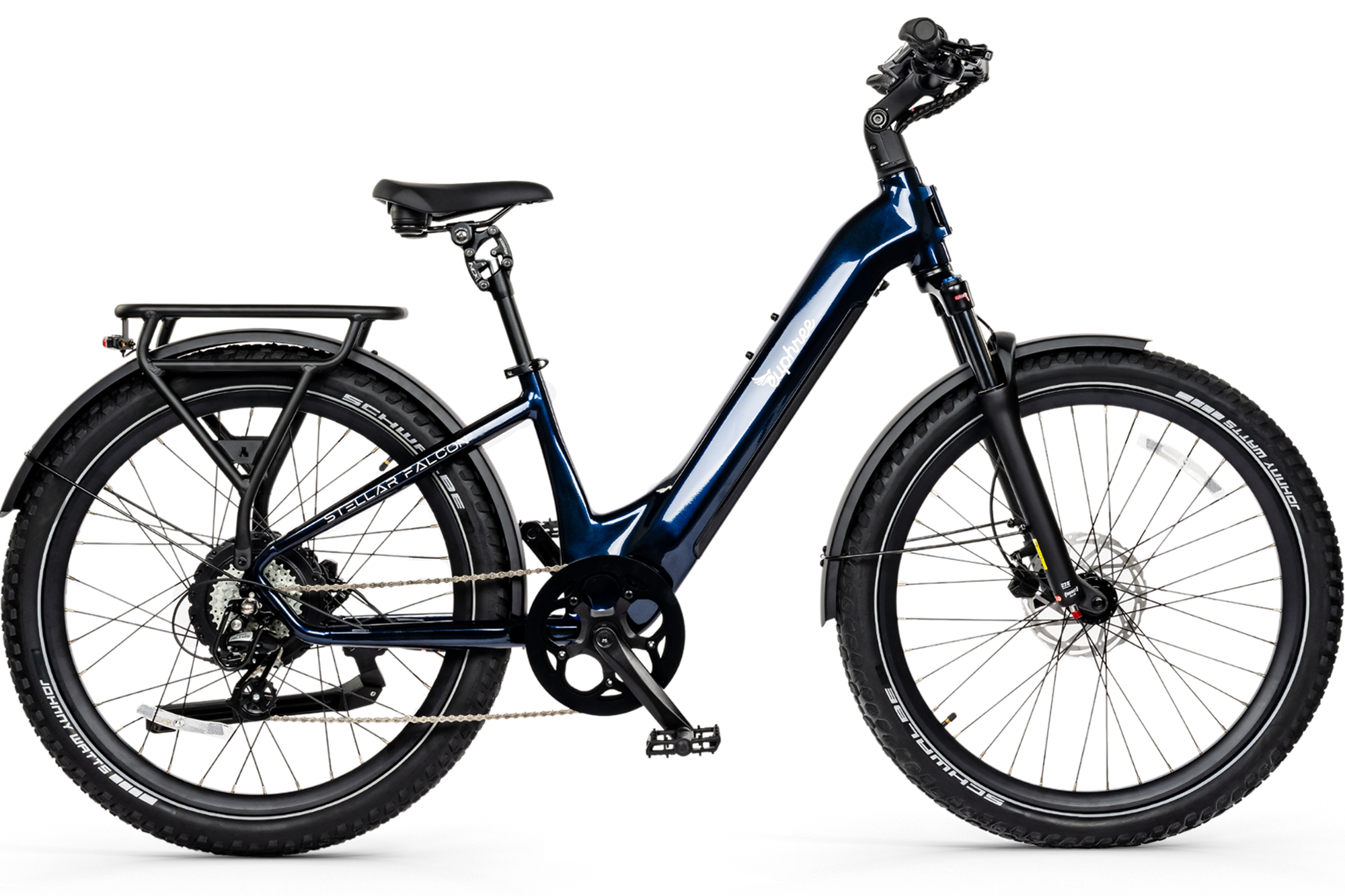 Stellar Falcon Step-Thru in Galaxy Blue, built for comfort with a step-through frame, 750W motor, air suspension, and Schwalbe tires for smooth rides