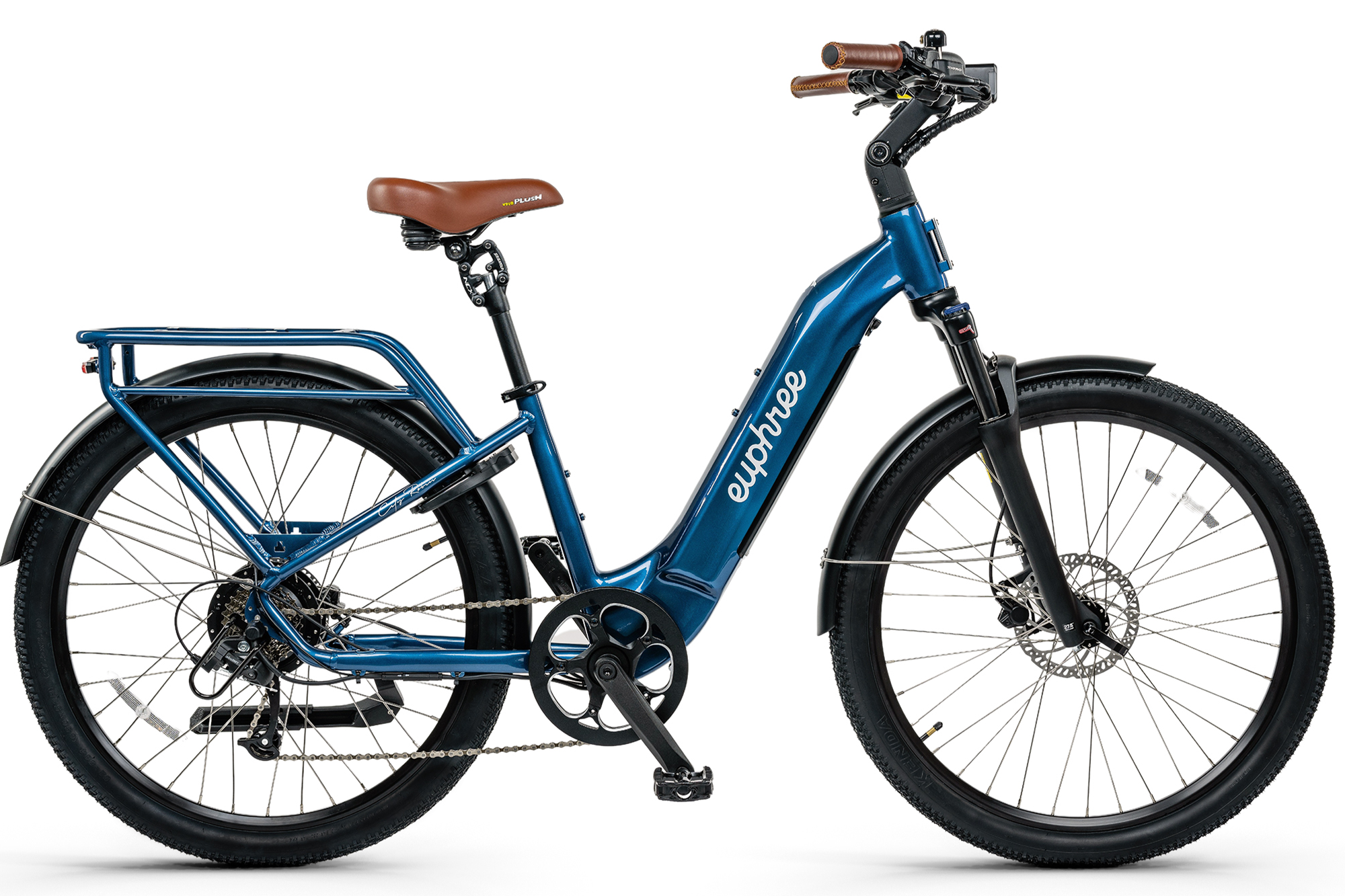 This is an image of the City Robin X+ electric bike by Euphree. The bike is shown in a vibrant shade of Rebel Blue, a rich and dynamic hue that adds a touch of style and elegance. The bike features a step-through frame design, providing ease of use for a wide range of riders. The frame houses the fully integrated wires, creating a sleek and clutter-free appearance.