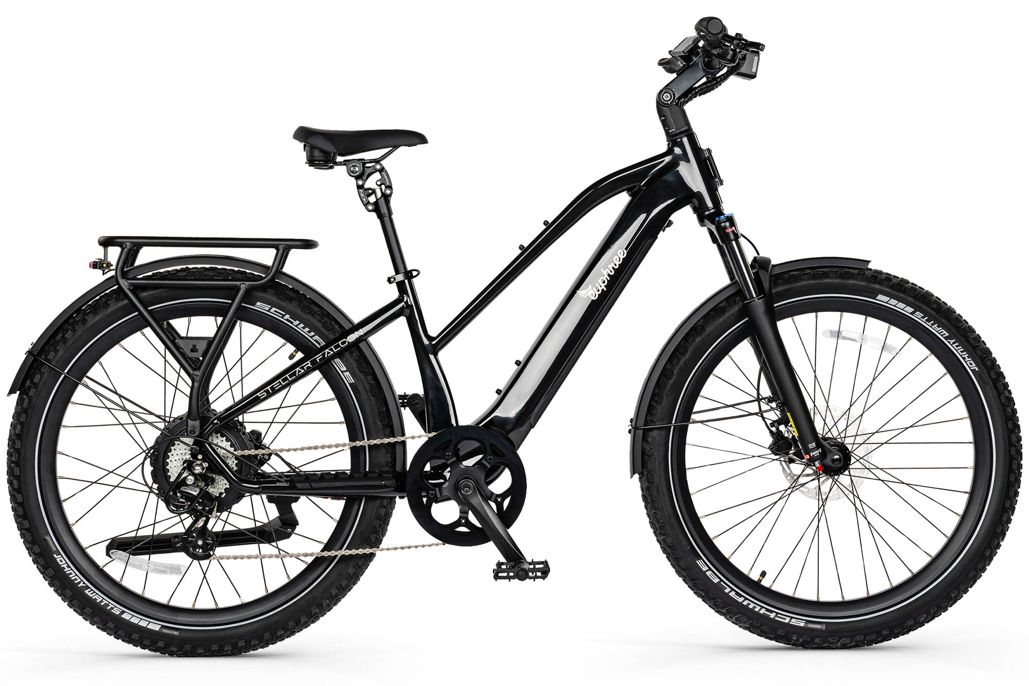 Classic Eclipse Black Euphree Stellar Falcon electric bike, featuring a timeless look with its step-through frame and patented integrated wiring system for a clean aesthetic.