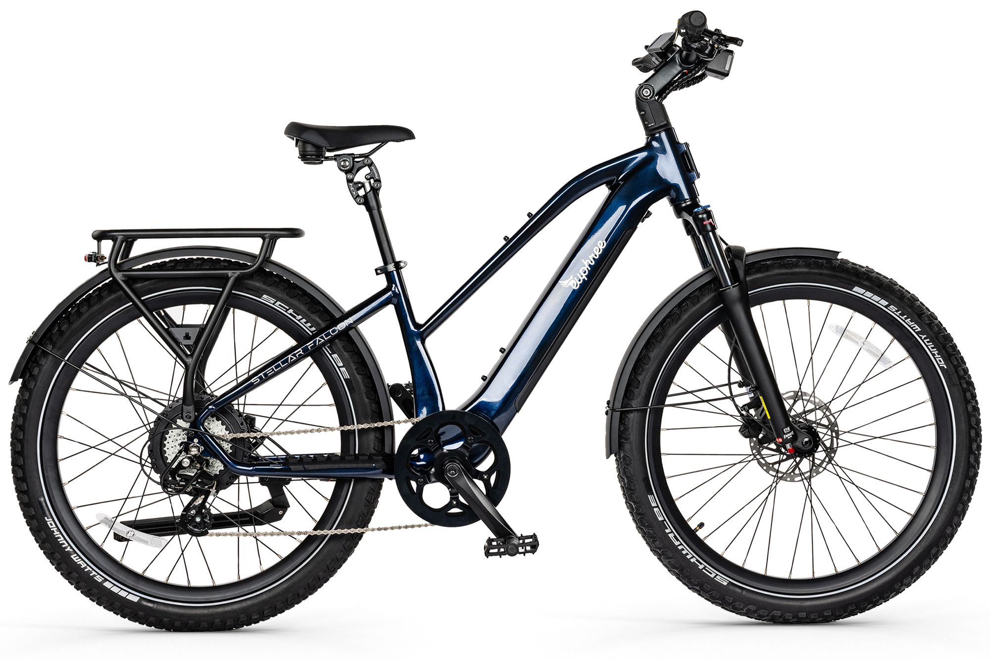 Vibrant Galaxy Blue Euphree Stellar Falcon electric bike showcasing its sleek design and robust frame, perfect for both urban commuting and off-road adventures.