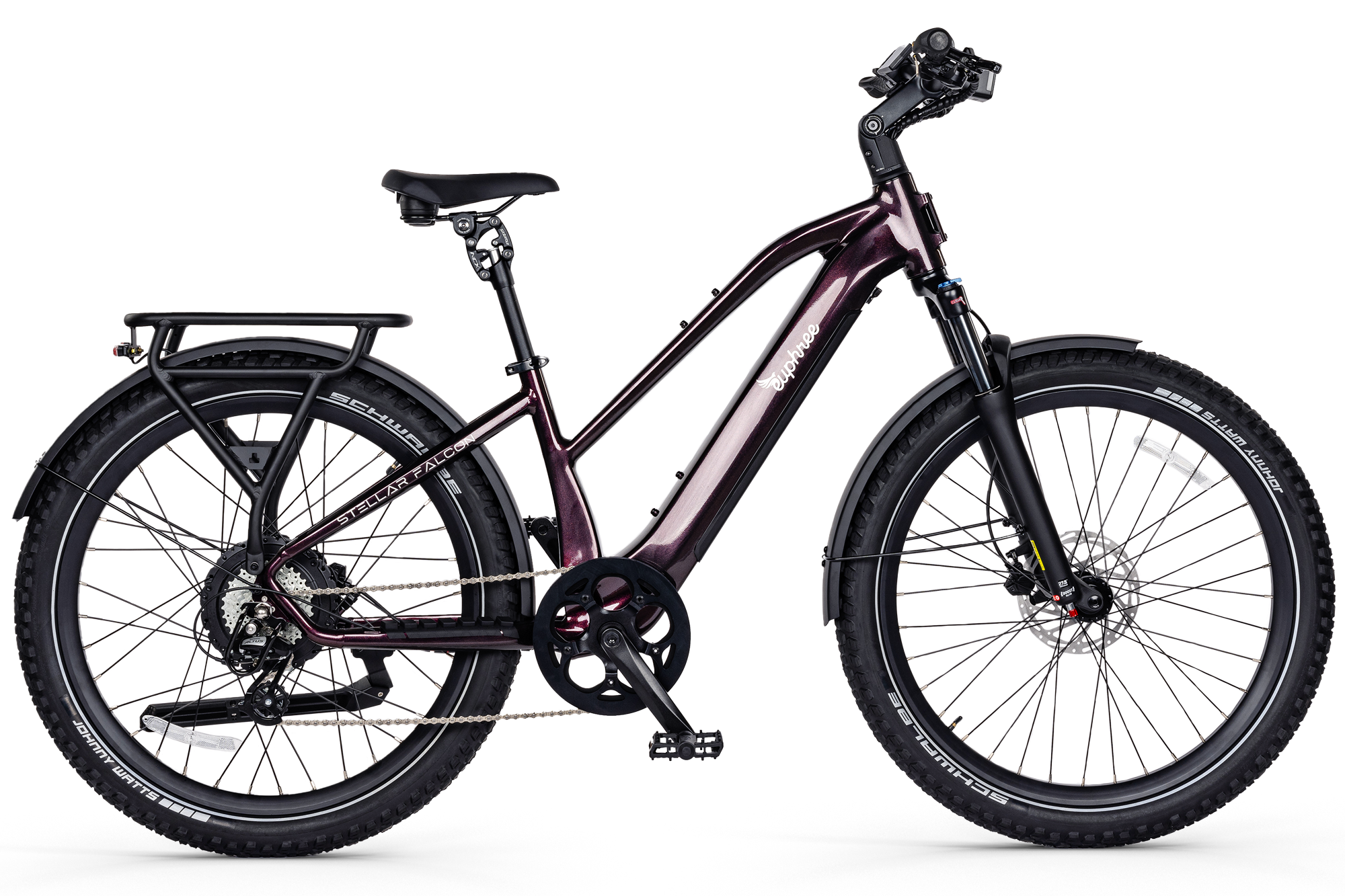 Purple Euphree Stellar Falcon electric bike featuring a mid-step frame design for easy access, equipped with wide Swabie tires for enhanced grip and comfort.