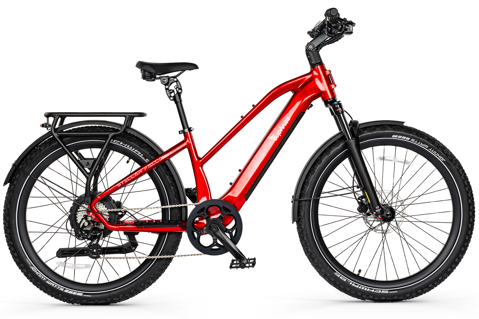 Bold Crimson Comet Red Euphree Stellar Falcon electric bike, highlighting its dynamic color and durable build, ready to tackle any journey with style and performance.