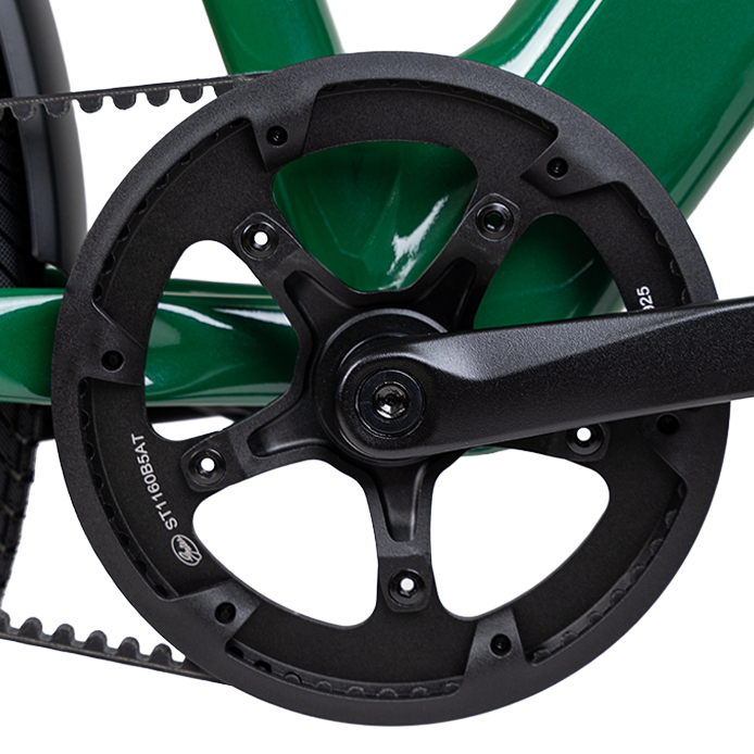 Ivy Solar Sparrow close-up showing Gates Carbon Belt Drive—maintenance-free, durable, and clean with no greasy chains or shifting required
