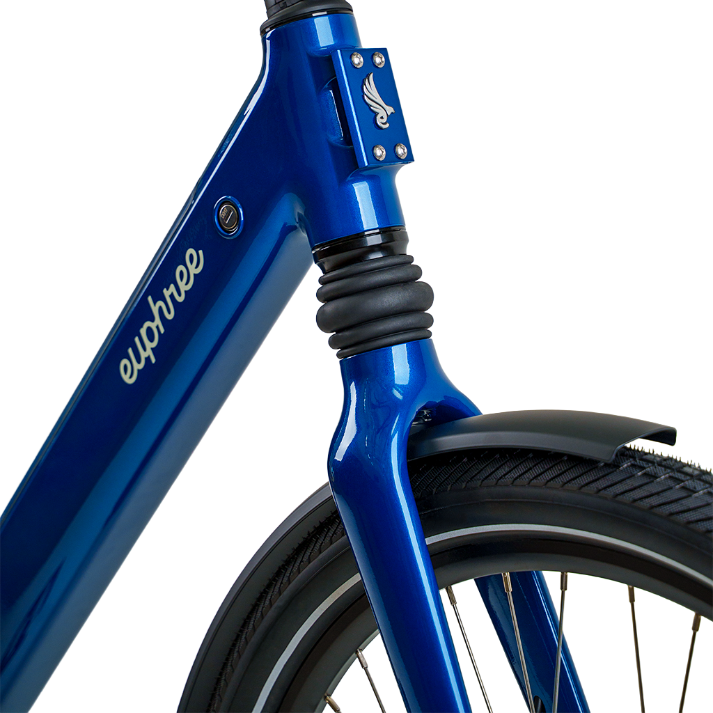 Close up of 30mm front monoshock suspension on Riviera Blue Solar Sparrow, designed for comfort without the weight of a full fork