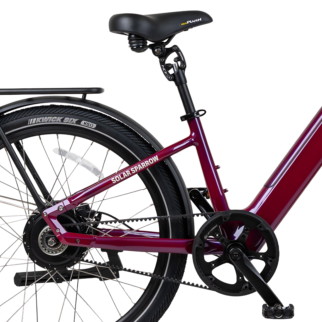 Close-up of SR Suntour NCX suspension seatpost on Ultra Violet Solar Sparrow, built for a smoother ride over rough city paths