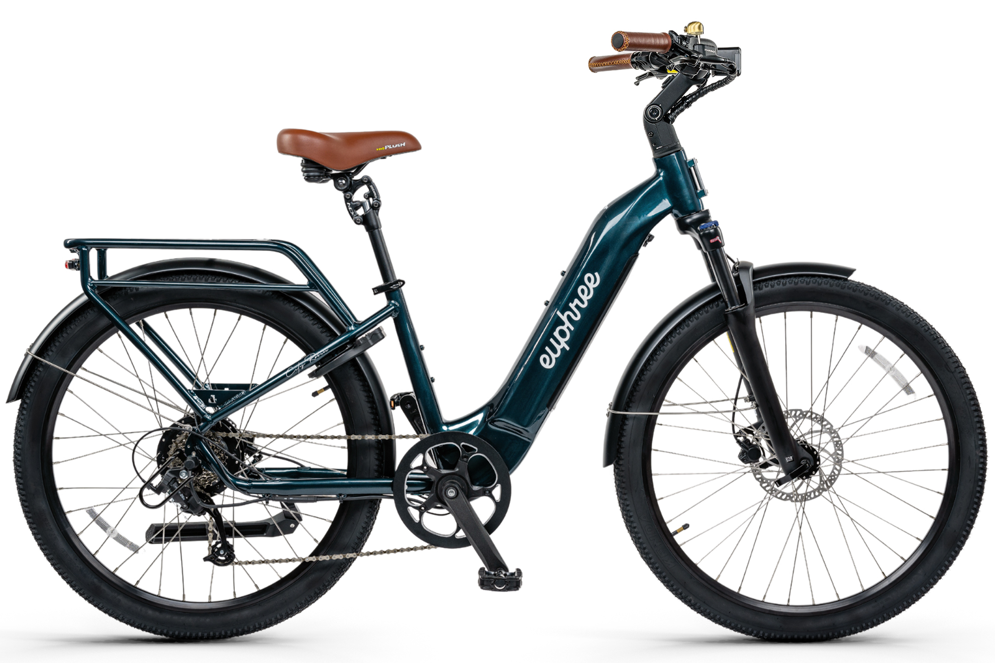 This image showcases the City Robin X+ electric bike by Euphree, resplendent in a radiant Emerald Green color. The vibrant green hue imbues the bike with a lively, energetic aura that matches its high-performance features. The step-through frame design, catering to an array of riders, is distinct, as are the fully integrated wires that provide a sleek, clutter-free look.