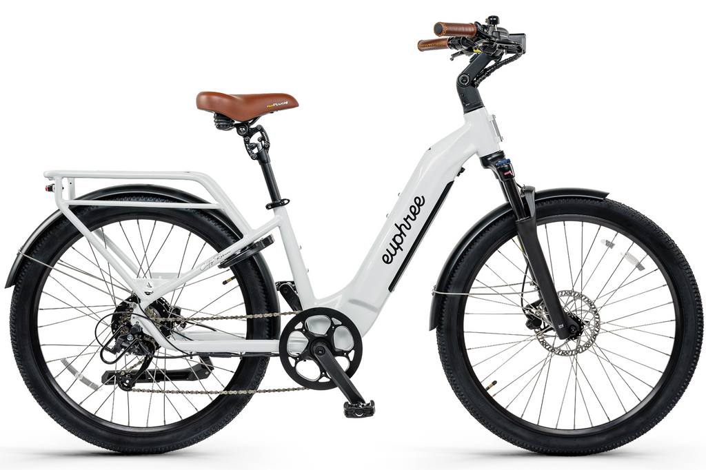 The image portrays the City Robin X+ electric bike by Euphree in an elegant Pearl White color. This shade adds a classic touch to the bike, enhancing its premium look and feel. The bike's step-through frame design is readily apparent, facilitating easy mounting and dismounting for riders. You can also see the fully integrated wires that contribute to a clean, streamlined design.
