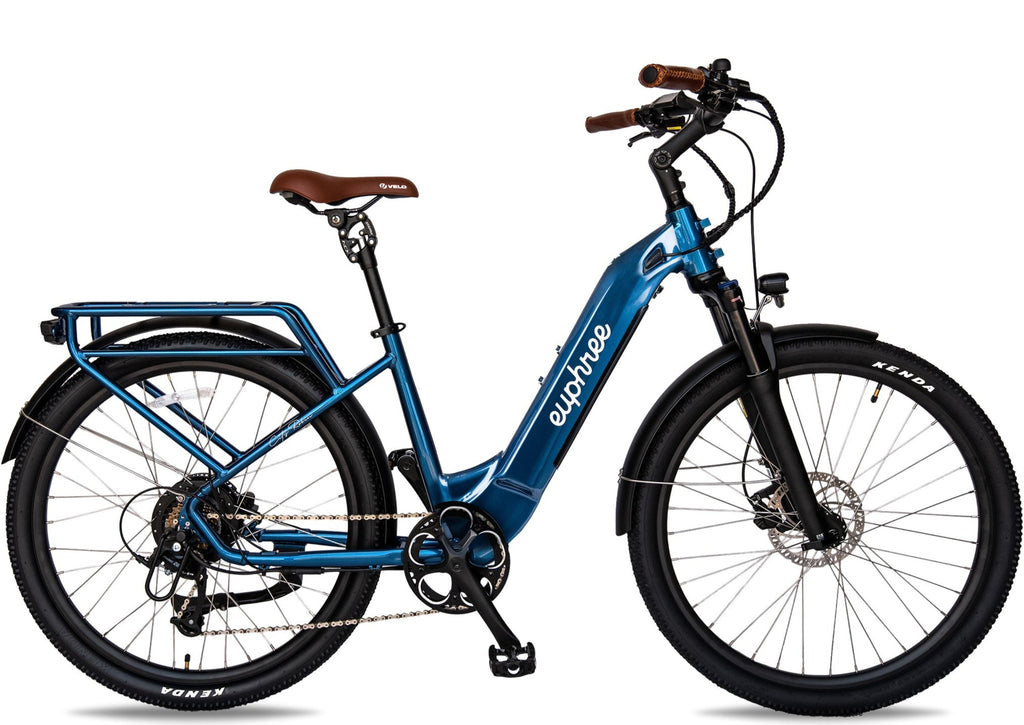 More carrying capacity. More hydraulic disc braking power, a tailored seat position and full suspension. Easy to use City Robin ebike with step-thru frame is the ultimate commuter bike. ebike in color rebel blue